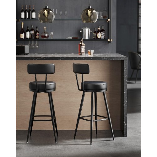 Barstole 2-pak EKHO, 360° drej, ryglæn, kunstlæder, mid-century, 65 cm sædehøjde, ink sort