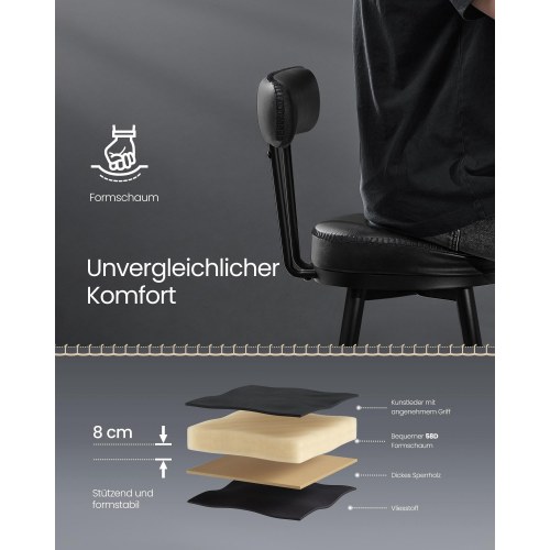 Barstole 2-pak EKHO, 360° drej, ryglæn, kunstlæder, mid-century, 65 cm sædehøjde, ink sort