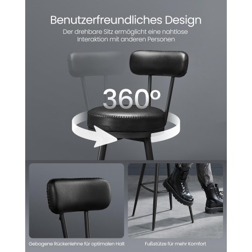 Barstole 2-pak EKHO, 360° drej, ryglæn, kunstlæder, mid-century, 65 cm sædehøjde, ink sort