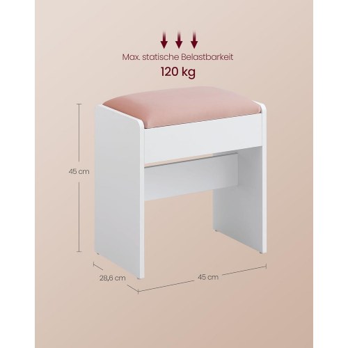 Makeupskammel polstret velvet, skridsikre fødder, mat hvid/pastelrosa