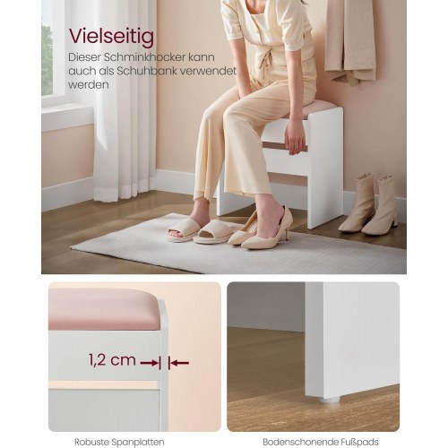 Makeupskammel polstret velvet, skridsikre fødder, mat hvid/pastelrosa