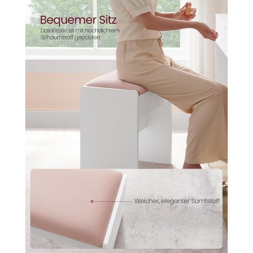 Makeupskammel polstret velvet, skridsikre fødder, mat hvid/pastelrosa