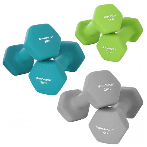 Håndvægte sæt med stativ – SONGMICS Hex, 2 x 1 kg, 2 x 2 kg, 2 x 3 kg, neopren, lime/teal/lysegrå