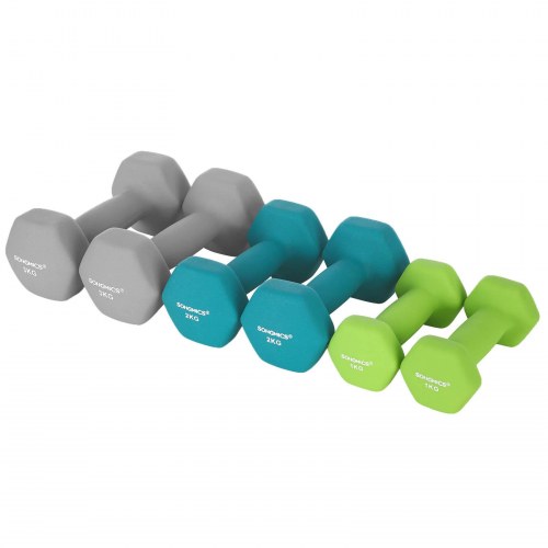 Håndvægte sæt med stativ – SONGMICS Hex, 2 x 1 kg, 2 x 2 kg, 2 x 3 kg, neopren, lime/teal/lysegrå