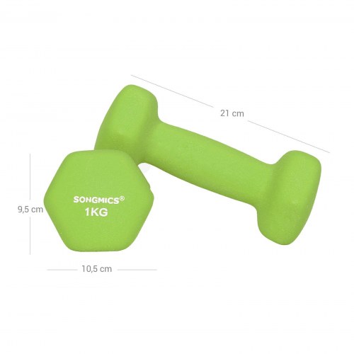 Håndvægte sæt med stativ – SONGMICS Hex, 2 x 1 kg, 2 x 2 kg, 2 x 3 kg, neopren, lime/teal/lysegrå