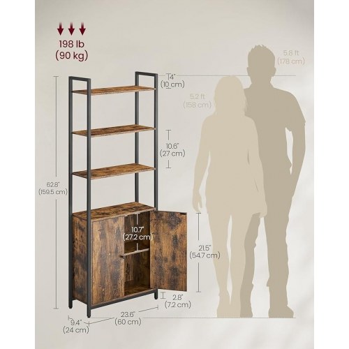 Bogreol med 6 niveauer høj reol med låge, metalramme, justerbare hylder, 24 × 60 × 159,5 cm, rustik brun og ink sort