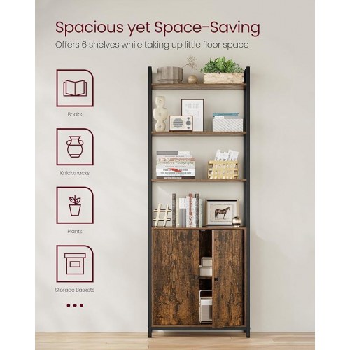 Bogreol med 6 niveauer høj reol med låge, metalramme, justerbare hylder, 24 × 60 × 159,5 cm, rustik brun og ink sort