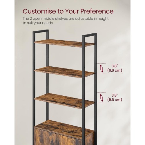 Bogreol med 6 niveauer høj reol med låge, metalramme, justerbare hylder, 24 × 60 × 159,5 cm, rustik brun og ink sort