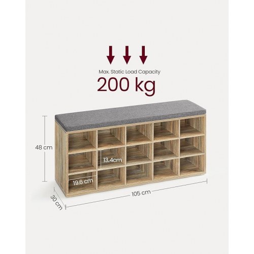 Skobænk med opbevaring 15 rum, hynde, eg med blå årer/grå, 30 × 105 × 48 cm