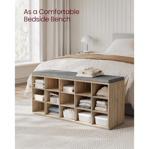 Skobænk med opbevaring 15 rum, hynde, eg med blå årer/grå, 30 × 105 × 48 cm