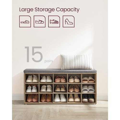 Skobænk med opbevaring 15 rum, hynde, eg med blå årer/grå, 30 × 105 × 48 cm