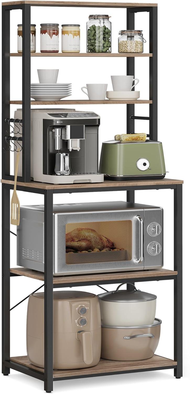 Køkkenreol fritstående mikrobølgeovnshylde, 6 hylder, 6 kroge, stålramme, industrielt design, 40 × 60 × 167 cm, greige/sort