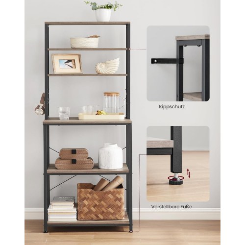 Køkkenreol fritstående mikrobølgeovnshylde, 6 hylder, 6 kroge, stålramme, industrielt design, 40 × 60 × 167 cm, greige/sort