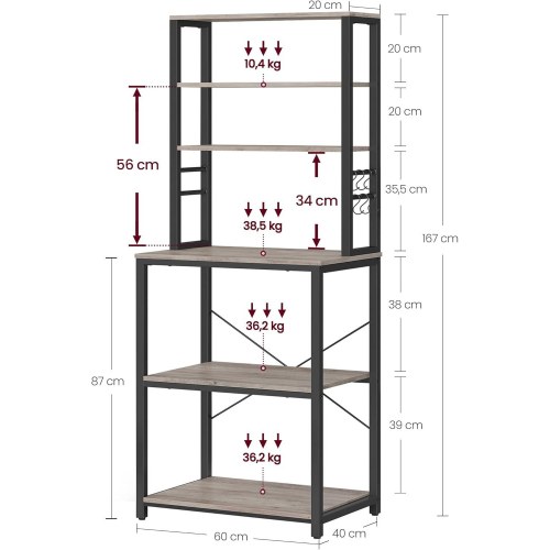 Køkkenreol fritstående mikrobølgeovnshylde, 6 hylder, 6 kroge, stålramme, industrielt design, 40 × 60 × 167 cm, greige/sort