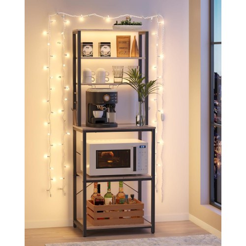 Køkkenreol fritstående mikrobølgeovnshylde, 6 hylder, 6 kroge, stålramme, industrielt design, 40 × 60 × 167 cm, greige/sort