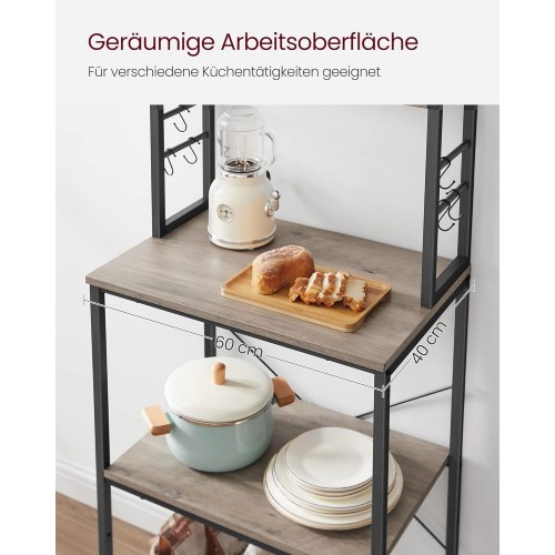 Køkkenreol fritstående mikrobølgeovnshylde, 6 hylder, 6 kroge, stålramme, industrielt design, 40 × 60 × 167 cm, greige/sort