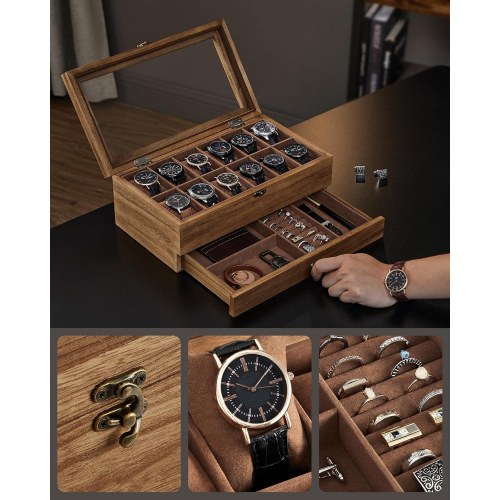Urkasse med glaslåg watch box i træ, 12 rum, 2 etager, rustik valnød