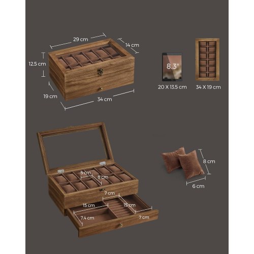 Urkasse med glaslåg watch box i træ, 12 rum, 2 etager, rustik valnød
