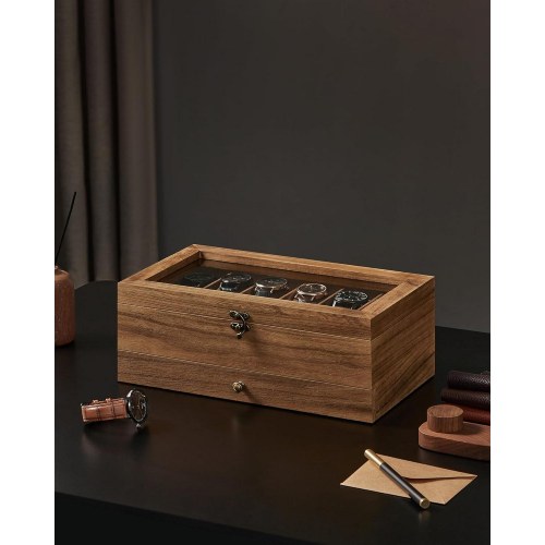 Urkasse med glaslåg watch box i træ, 12 rum, 2 etager, rustik valnød