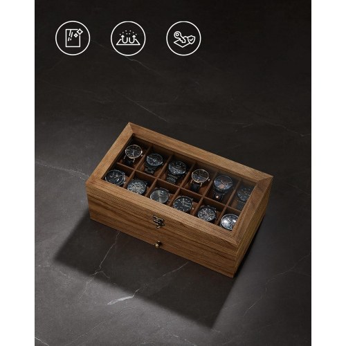 Urkasse med glaslåg watch box i træ, 12 rum, 2 etager, rustik valnød