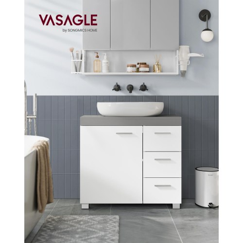 Badeværelsesunderskab 3 store skuffer, 30 × 70 × 64 cm, 2 rum bag låge, med ben, skyhvid/cementgrå