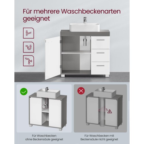 Badeværelsesunderskab 3 store skuffer, 30 × 70 × 64 cm, 2 rum bag låge, med ben, skyhvid/cementgrå