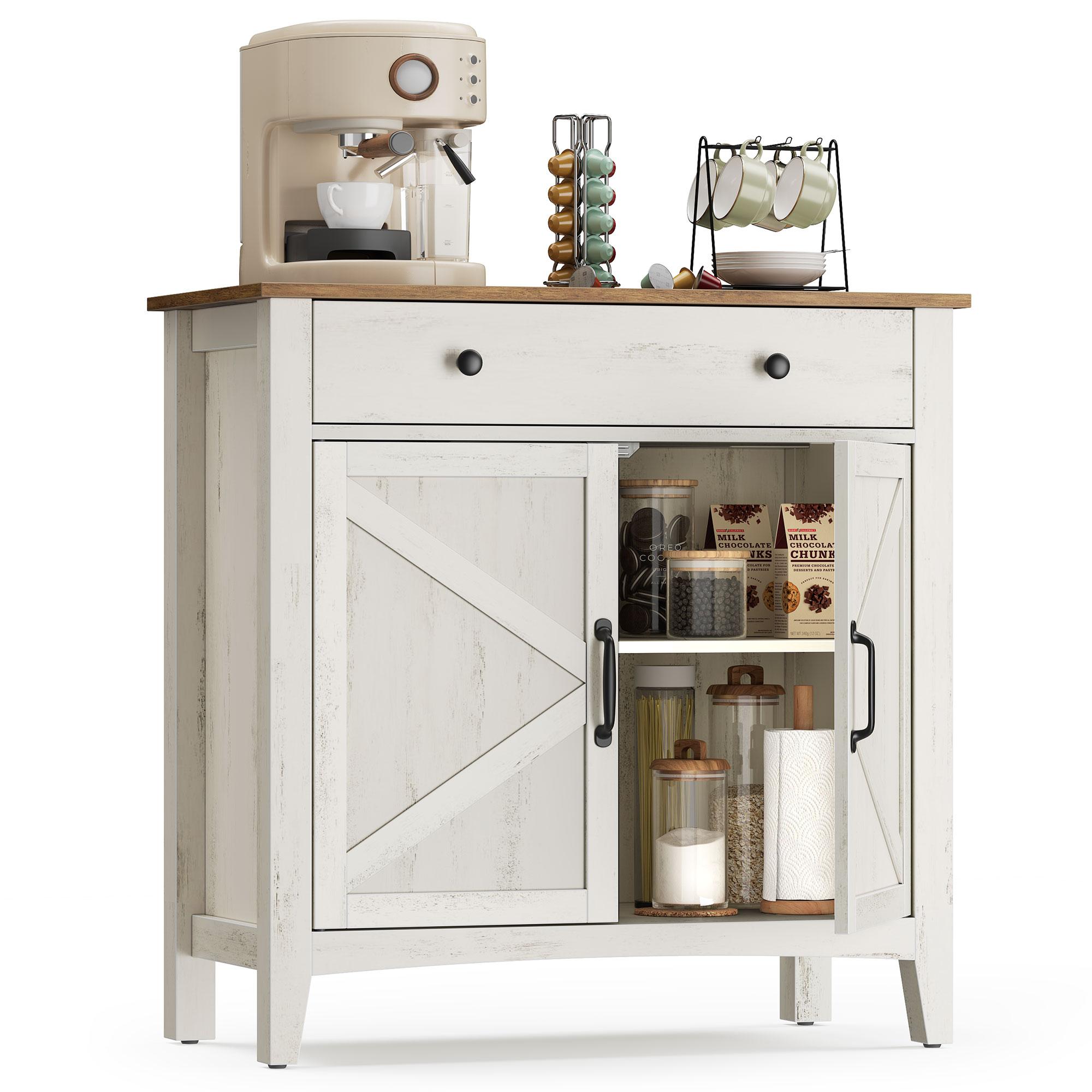 Opbevaringsskab med skuffe sideboard i farmhouse-stil, justerbar hylde, rustik hvid/honningbrun