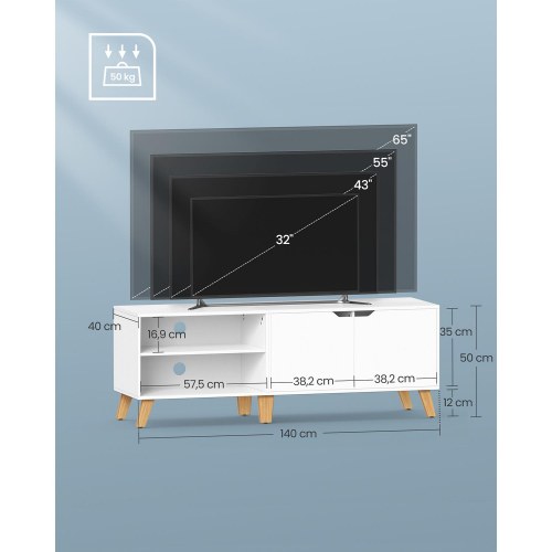 TV-bord 140 cm til TV op til 65" – hvid med 2 låger og justerbare hylder