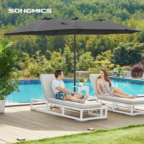 Parasol dobbelt 460 × 270 cm stor terrasseparasol med svej, UPF 50+, håndsving, grå (uden base)