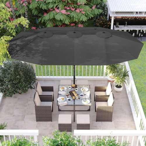 Parasol dobbelt 460 × 270 cm stor terrasseparasol med svej, UPF 50+, håndsving, grå (uden base)