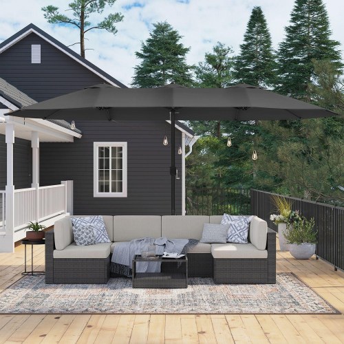 Parasol dobbelt 460 × 270 cm stor terrasseparasol med svej, UPF 50+, håndsving, grå (uden base)