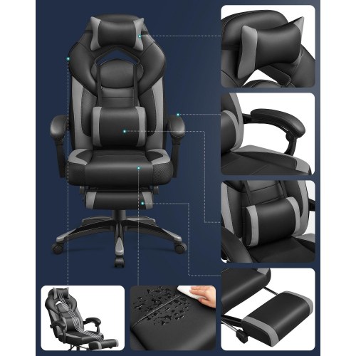 Kontorstol gaming Racing-stol med fodstøtte, ergonomisk, justerbar nakkestøtte og lændestøtte, 150 kg, sort/grå (OBG77BG)