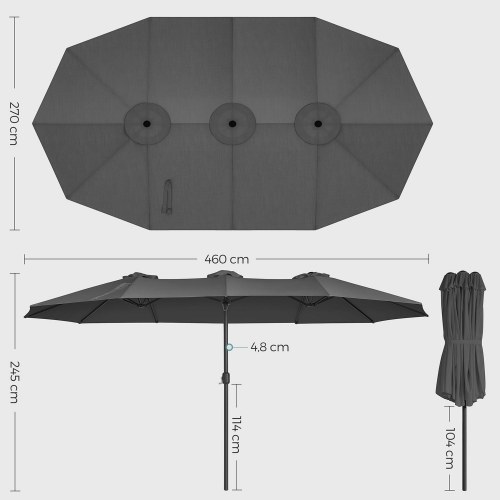 Parasol dobbelt 460 × 270 cm stor terrasseparasol med svej, UPF 50+, håndsving, grå (uden base)