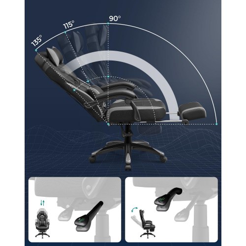 Kontorstol gaming Racing-stol med fodstøtte, ergonomisk, justerbar nakkestøtte og lændestøtte, 150 kg, sort/grå (OBG77BG)