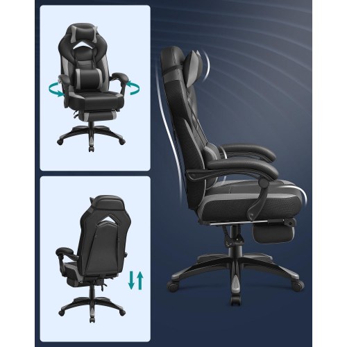 Kontorstol gaming Racing-stol med fodstøtte, ergonomisk, justerbar nakkestøtte og lændestøtte, 150 kg, sort/grå (OBG77BG)