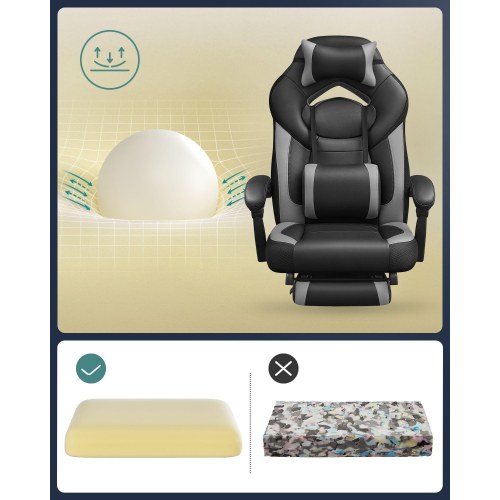 Kontorstol gaming Racing-stol med fodstøtte, ergonomisk, justerbar nakkestøtte og lændestøtte, 150 kg, sort/grå (OBG77BG)
