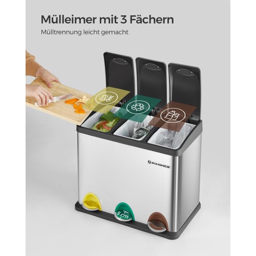 Skraldespand med pedal 3-i-1 24 l, stål, sølv