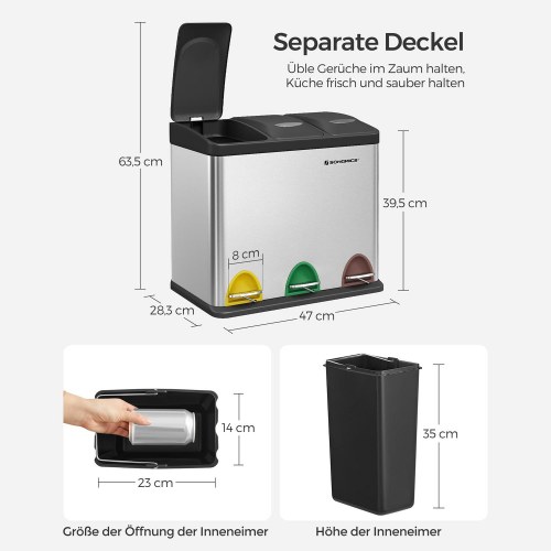 Skraldespand med pedal 3-i-1 24 l, stål, sølv
