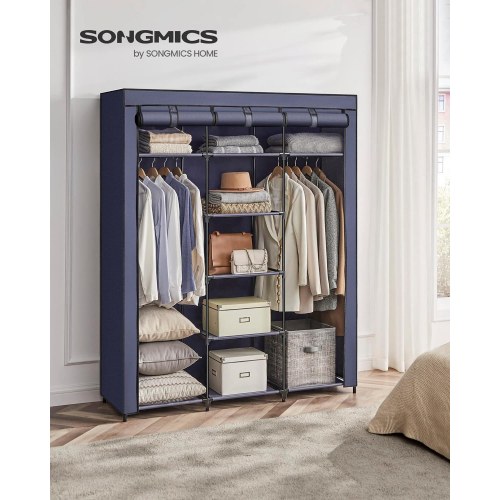Garderobeskab i stof foldbart tøjskab med bøjlestænger, hylder, 45 × 150 × 175 cm, mørkeblå