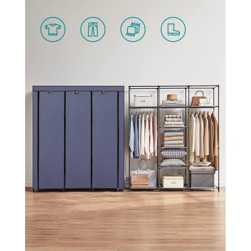 Garderobeskab i stof foldbart tøjskab med bøjlestænger, hylder, 45 × 150 × 175 cm, mørkeblå