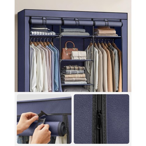 Garderobeskab i stof foldbart tøjskab med bøjlestænger, hylder, 45 × 150 × 175 cm, mørkeblå