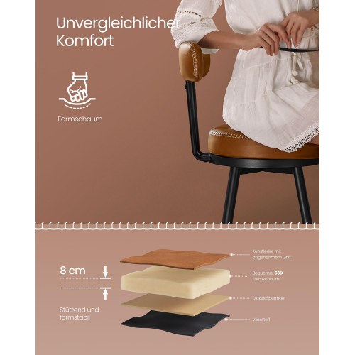 Barstole med ryglæn 2-pak EKHO, drejbare, kunstlæder, 76 cm, karamelbrun