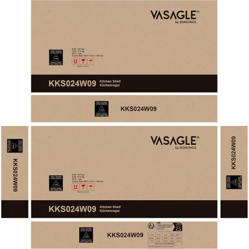 Køkkenreol med 6 hylder og 6 kroge kaffe- og mikrobølgeovnstation, stålramme, justerbar hylde, 40 × 60 × 167 cm, eg/hvid (KKS024W09)