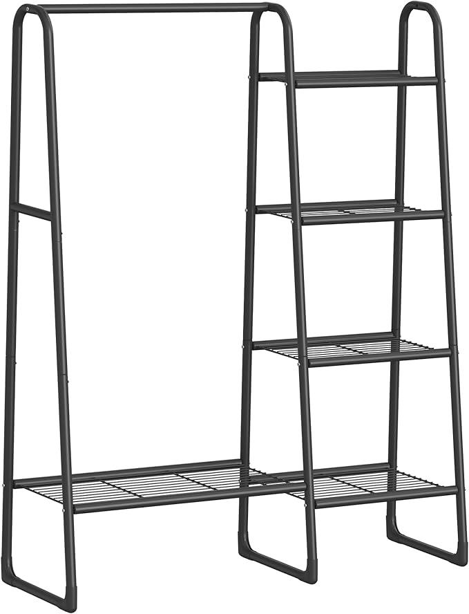 Tøjstativ med hylder fritstående garderobe, 5 opbevaringshylder, metal, 40 × 101,7 × 153,3 cm, mat sort