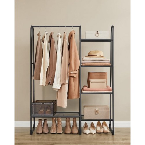 Tøjstativ med hylder fritstående garderobe, 5 opbevaringshylder, metal, 40 × 101,7 × 153,3 cm, mat sort