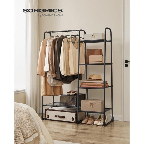 Tøjstativ med hylder fritstående garderobe, 5 opbevaringshylder, metal, 40 × 101,7 × 153,3 cm, mat sort
