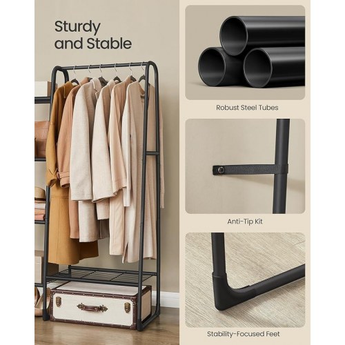 Tøjstativ med hylder fritstående garderobe, 5 opbevaringshylder, metal, 40 × 101,7 × 153,3 cm, mat sort