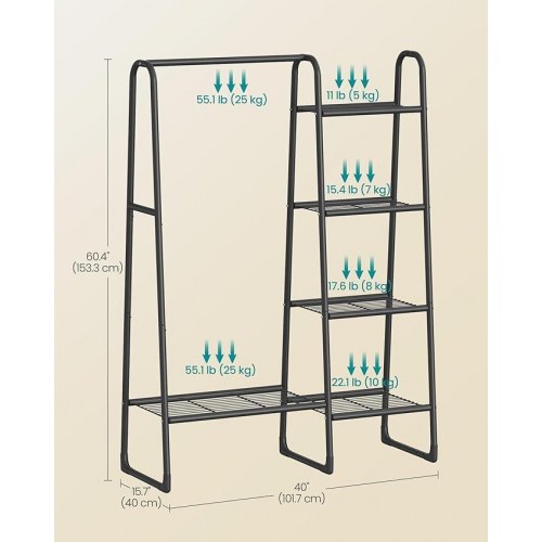 Tøjstativ med hylder fritstående garderobe, 5 opbevaringshylder, metal, 40 × 101,7 × 153,3 cm, mat sort