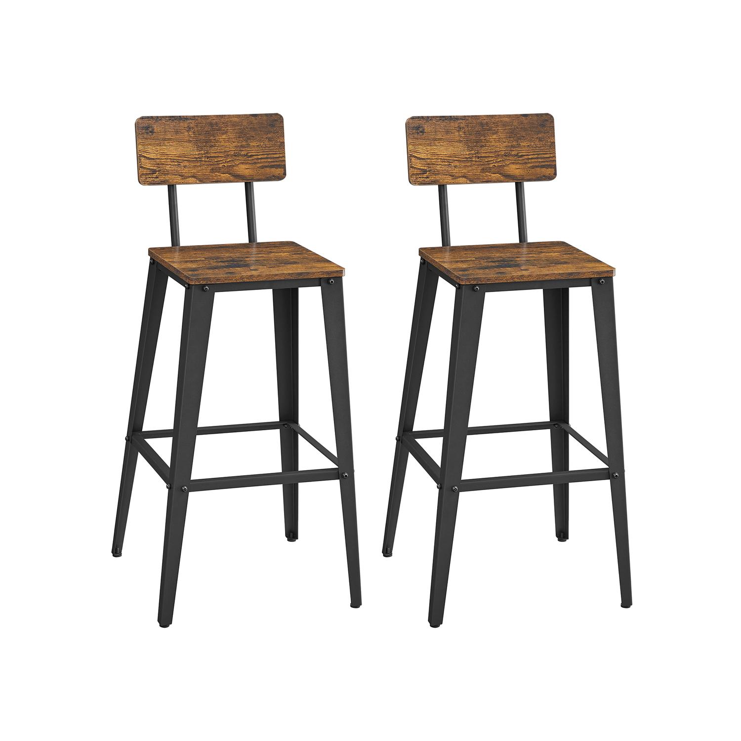 Barstole med ryglæn sæt á 2, industrielt design, vintage brun/sort