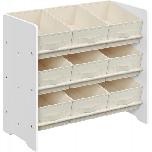 Legetøjsreol med stofkasser 3 niveauer, 9 kasser, Cloud White, 29,5 × 62,5 × 60 cm